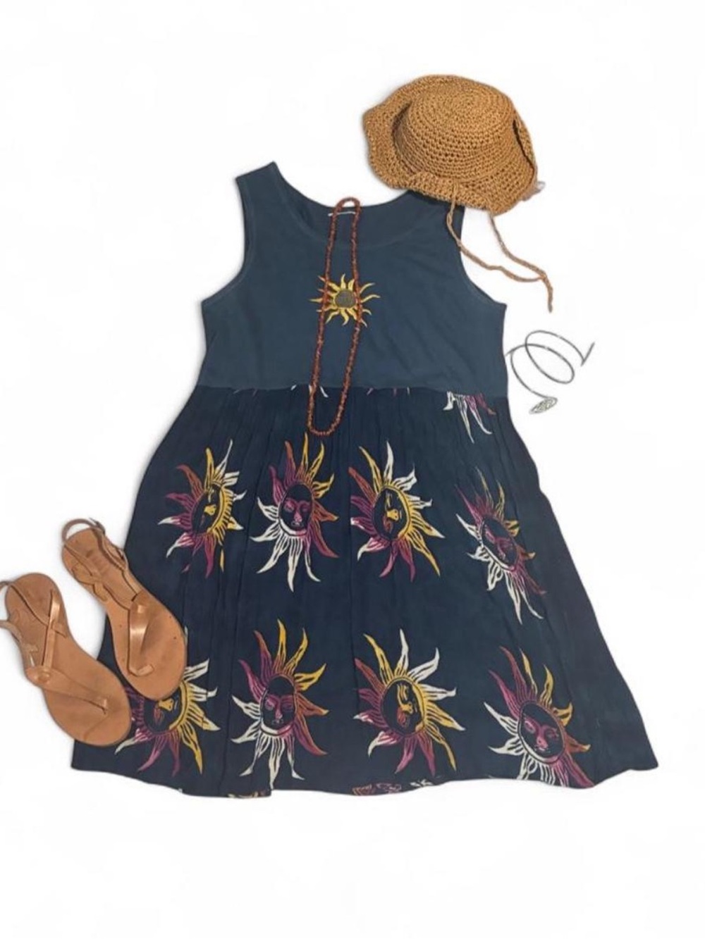 American Vintage Navy Cotton Hippie Sleeveless Dress with Sun Motif